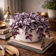 Load image into Gallery viewer, Purple leafed plant in a white pot on books with a warm background
