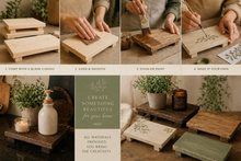 Load image into Gallery viewer, Step-by-step process of creating a wooden coaster with text overlay on a wooden surface.
